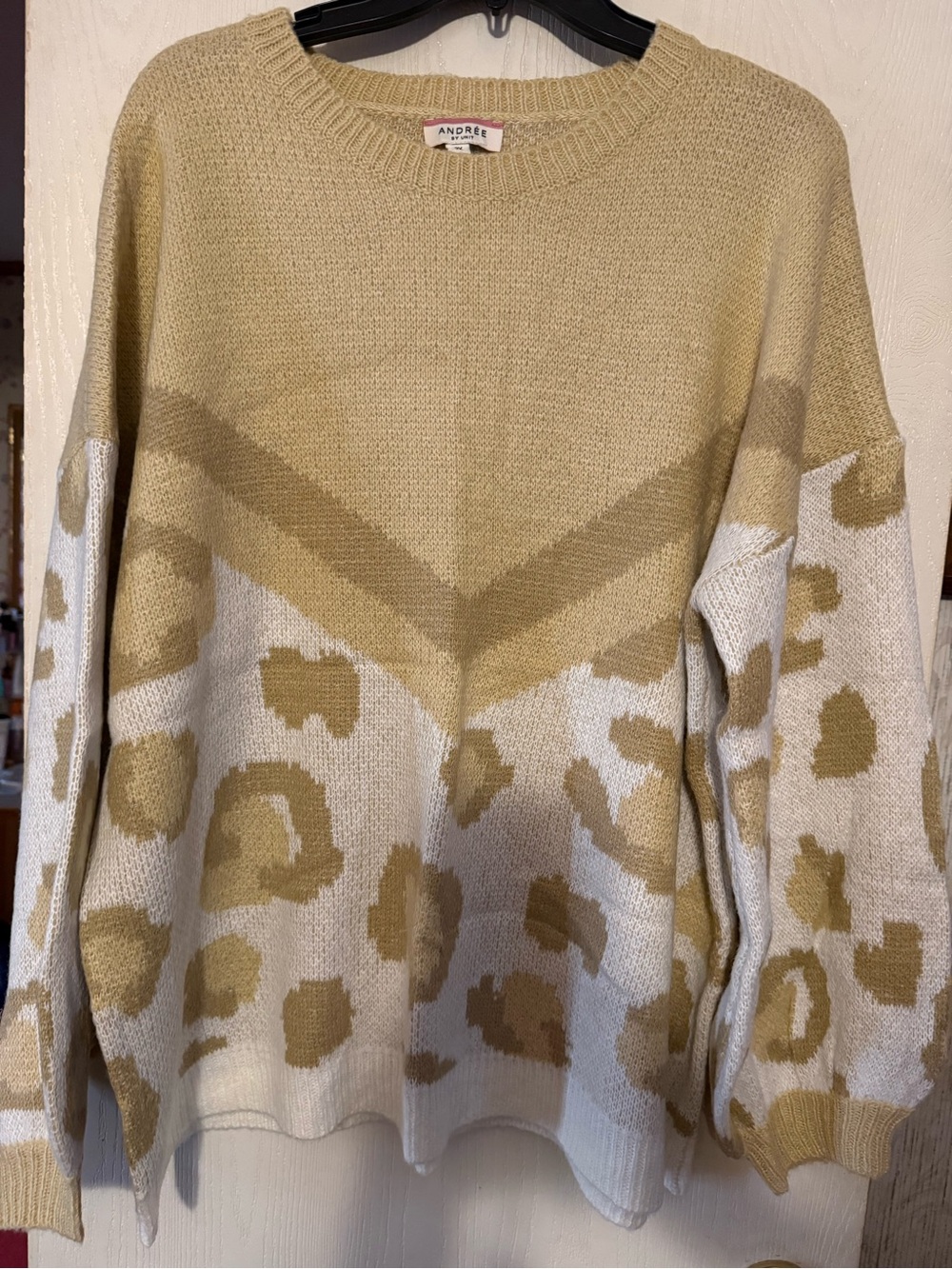 Andree Cream and Tan Leopard-Print Crewneck Sweater